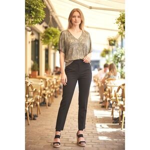 White House Black Market Silver Gold Metallic Floral Dolman V-Neck Top Sz XS